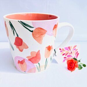 Floral Ceramic Mug Red Tulip Pattern Coffee Tea Yogurt Milk Hot Chocolate 16 oz